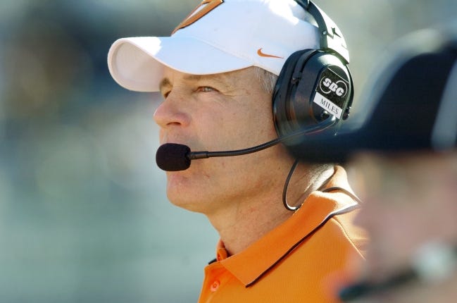 Les Miles, who went 28-21 in four seasons as Oklahoma State's head coach from 2001-04, returns to Stillwater this weekend in his first year at the helm of a fledgling Kansas program. [OKLAHOMAN ARCHIVES]