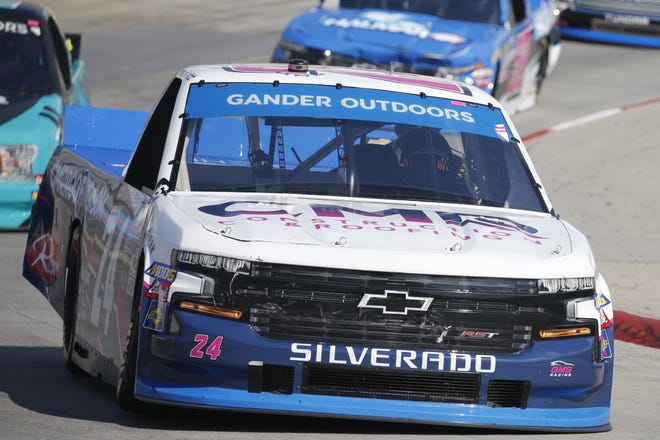 Brett Moffitt (24) competes during a NASCAR Truck Series race Oct. 26 at Martinsville Speedway, in Martinsville, Va. The NASCAR Truck Series has its championship race Friday, Nov. 15, 2019, at Homestead-Miami Speedway. Brett Moffitt, Matt Crafton and Stewart Friesen join Ross Chastain in the championship field. Moffitt is the defending series champion and will try to become the first repeat winner since Crafton in 2013 and 2014. [STEVE HELBER/AP FILE PHOTO]