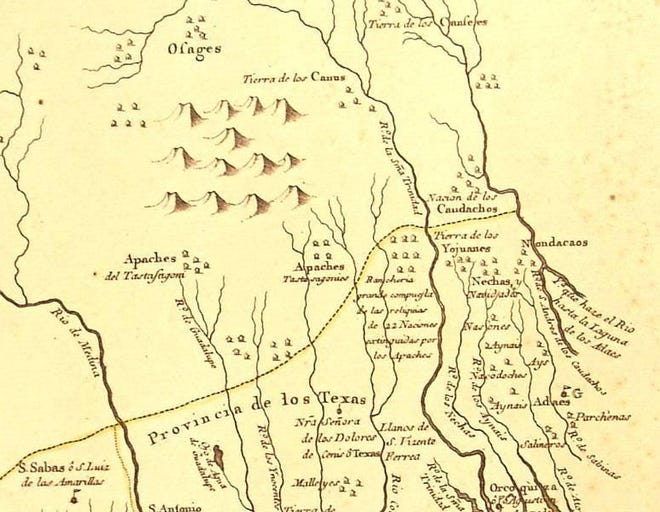 This crop from the 1768 Nuevo Mapa Geografico de la American Septentrional shows the "Rancheria Grande," a very large village with mixed Indian tribes in what is now Milam County. Note: Texas rivers are not well represented here. [Contributed by Texasbeyondhistory.net]