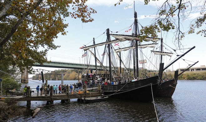 Schoolchildren line up and board the Christopher Columbus replica ships, the Nina and the Pinta, as they are docked in Tuscaloosa Friday, Nov. 15, 2019. The ships are open for tours at 1 Greensboro Ave. until Nov. 19. The ships are replicas of the famous explorer's caravels that were on the voyage when he discovered the Americas. [Staff Photo/Gary Cosby Jr.]
