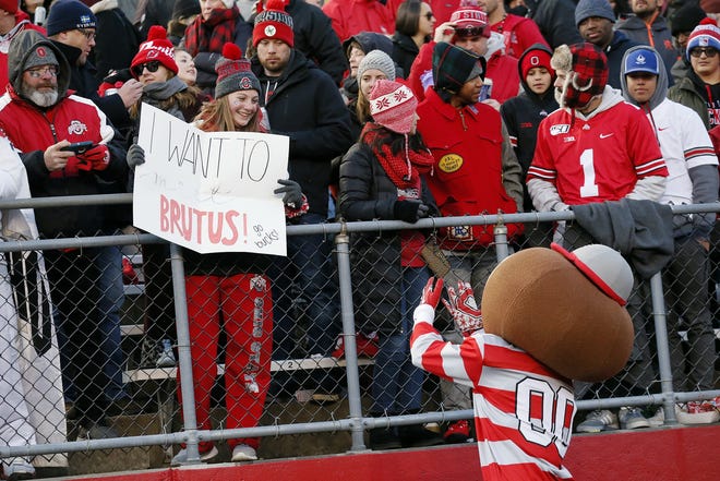 An Ohio State fan has Brutus Buckeye's full attention during the second quarter. [Adam Cairns/Dispatch]