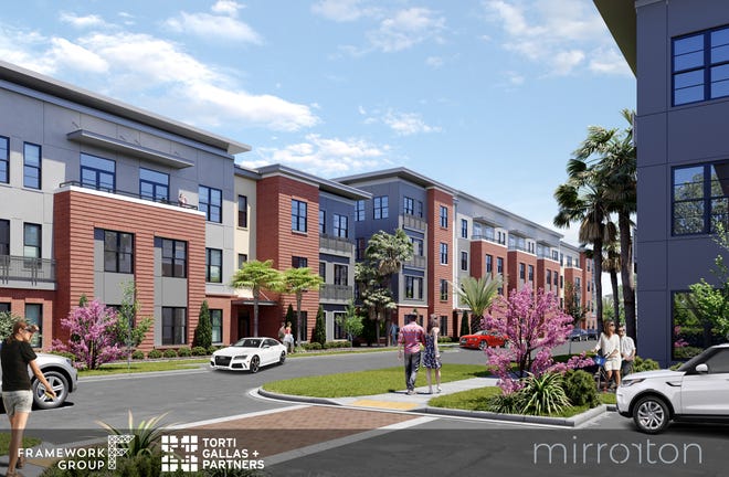 Ground-level renderings of Mirrorton, a 305-unit residential rental community planned for downtown Lakeland, shows the mixed-material designs of the proposed project. [PROVIDED RENDERING/CITY OF LAKELAND]