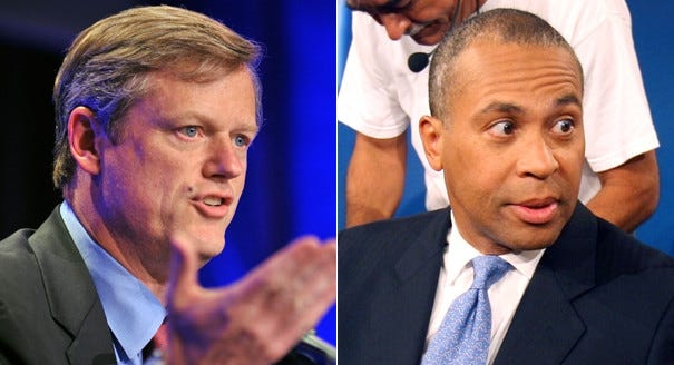 Gov. Charlie Baker, left, says predecessor Deval Patrick gets 'a pass right out of the gate' as Patrick runs for president.  [AP FILE PHOTOS]