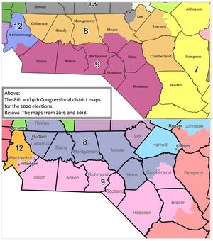 Maps showing the 8th and 9th congressional districts of North Carolina. At top, the new maps enacted on Friday. At bottom, the maps that were used in the 2016 and 2018 elections and in the 9th District’s 2019 special election. [NC General Assembly maps]