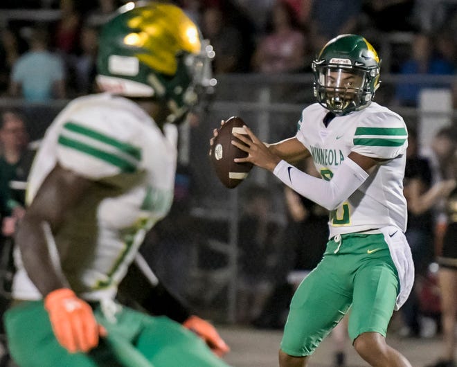 Lake Minneola's Devon Cole (2) looks to pass to Trent Logan (11) at a game between Lake Minneola High School and East Ridge High School in Clermont earlier this season. [PAUL RYAN / CORRESPONDENT]