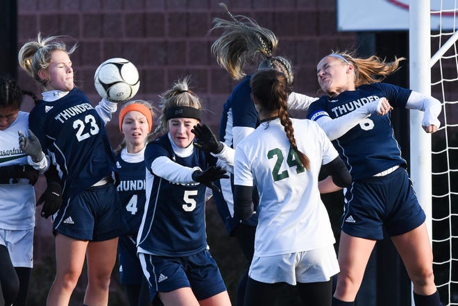 Central Valley Academy players Krista Panko (23), Bella Bunce (4), Kayla Rhude (5) and Camryn Stone (6) defend a corner kick during the NYSPHSAA Class B championship match against Pleasantville Sunday at SUNY-Cortland. 

[Alex Cooper / Observer-Dispatch]