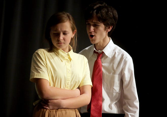 Lana Meadows and Charlie Brownlee rehearse a scene for “Flowers For Algernon” at Malcolm Brown Auditorium on the campus of Shelby High School. [Brittany Randolph/The Shelby Star]