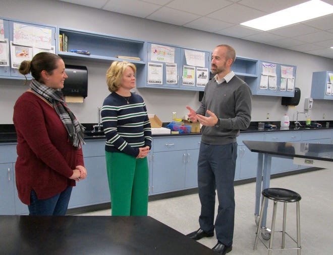 Cutlines

  Sharon Neumann, left, director of the Geneseo Education Foundation; and Leslie Raya, GEF president, listen to Geneseo Superintendent of Schools Dr. Adam Brumbaugh explain the construction renovation that is now complete in the Geneseo High School biology lab. Photo by Claudia Loucks