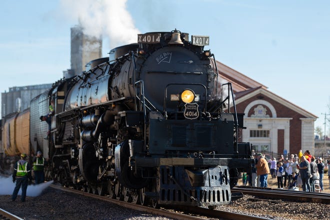 Union Pacific Big Boy No. 4014 will be going through central Kansas with stops in Abilene, Salina, Ellsworth, Russell and Hays on Wednesday and Thursday. The train stopped in Topeka on Tuesday. [Evert Nelson/The Capital-Journal]