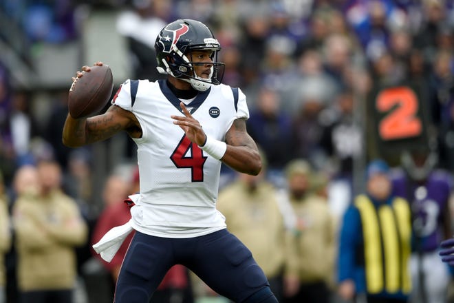 In Sunday’s 41-7 loss to the Baltimore Ravens, Houston Texans quarterback Deshaun Watson was sacked six times and had two turnovers. The Texans look to bounce back as they take on the Indianapolis Colts for the AFC South lead Thursday. [Gail Burton/The Associated Press]