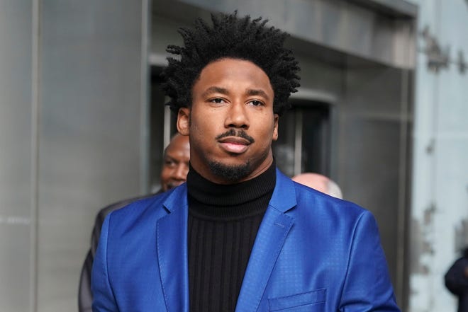 Cleveland Browns star defensive end Myles Garrett leaves an office building in New York, Wednesday, Nov. 20, 2019. Garrett is in New York for an appeals hearing to try to get the NFL to reduce an indefinite suspension that has temporarily ended Garrettâ€™s season and tarnished his career. Garrett was banned last week for the rest of the regular season and playoffs for violently striking Pittsburgh quarterback Mason Rudolph with a helmet. (AP Photo/Seth Wenig)