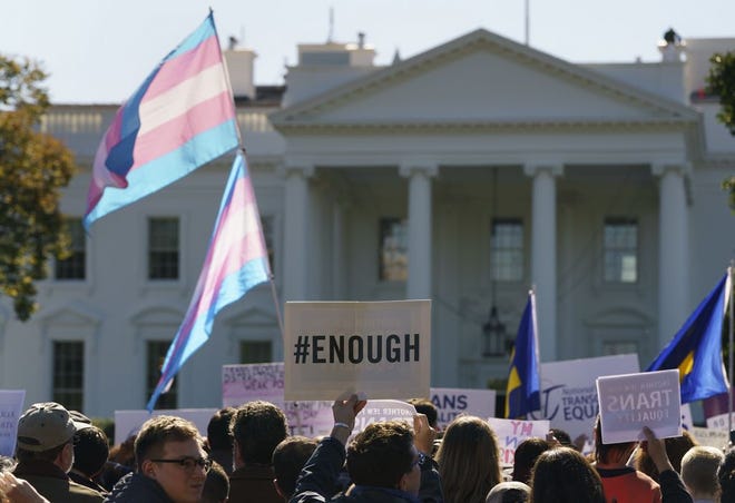 Protesters gather and fly the transgender pride flag in front of the White House in October of 2018.