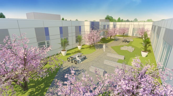 The rendering above shows the proposed interior courtyard that will be a design feature of Lakeland Regional Health's newly approved plans for a Center for Behavioral Health and Wellness. Hospital staff said they hope the courtyards will give patients a safe space to go outdoors to help reduce stress and encourage healing. [ PROVIDED BY LAKELAND REGIONAL HEALTH ]