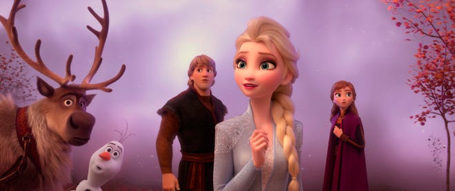 This image released by Disney shows characters, from left, Sven, Olaf, voiced by Josh Gad, Kristoff, voiced by Jonathan Groff, Elsa, voiced by Idina Menzel, and Anna, voiced by Kristen Bell in a scene from "Frozen 2." (Disney)