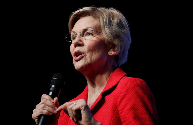 In this Nov. 17, 2019, photo, Democratic presidential candidate Sen. Elizabeth Warren, D-Mass., speaks during a fundraiser for the Nevada Democratic Party in Las Vegas. Warren has released a proposal to combat white nationalism that includes making prosecuting crimes committed by hate groups a top priority for the departments of Justice and Homeland Security. (AP Photo/John Locher)