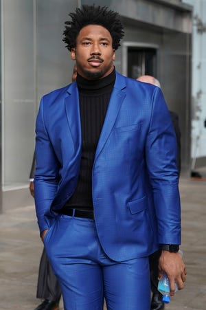 Browns star defensive end Myles Garrett leaves an office building in New York, where he attended an appeals hearing to try to get the NFL to reduce an indefinite suspension that has temporarily ended Garrett’s season. [The Associated Press]