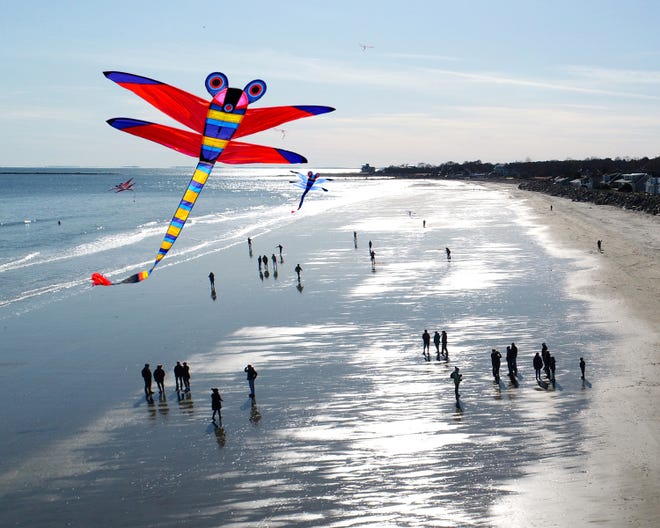 On Saturday, Nov. 9, large dragonfly kites filled the sky above Jenness Beach in Rye during a fundraising tribute to Patti Piper, a Rye resident who died of Lewy Body Dementia in June of 2018. [Photo courtesy of Budd Perry]
