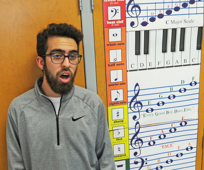 Salina Central senior Nathan Weis sings one of the songs he sent in for his audition for the Honor Performance Series at Carnegie Hall, for which he was selected. "I am music everything, I sing every day and everywhere, I love music," Weis said. [AARON ANDERS/SALINA JOURNAL]
