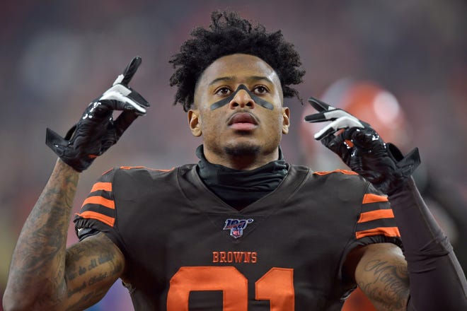 Cleveland Browns wide receiver Rashard Higgins is shown before an NFL football game against the Pittsburgh Steelers, Thursday, Nov. 14, 2019, in Cleveland. (AP Photo/David Richard)