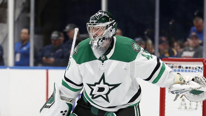 Texas Stars goaltender Landon Bow, seen here playing for the Dallas Stars during an NHL preseason game, turned away the final shot of a shootout to secure a Stars win Saturday night. [Jeff Roberson/The Associated Press]