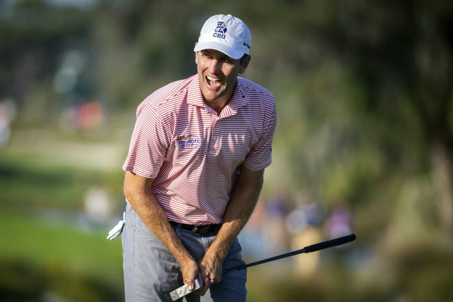 Brendon Todd reacts after missing a birdie putt on the 18th green during the third round of the RSM Classic on Saturday at the Sea Island Club in St. Simons Island, Ga. [Stephen B. Morton/AP]