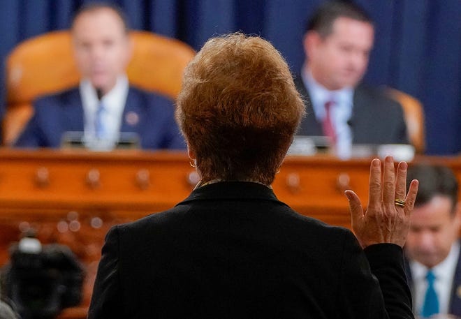 Marie Yovanovitch, former U.S. ambassador to Ukraine, is sworn in before a House Intelligence Committee hearing as part of the impeachment inquiry into U.S. President Donald Trump on Nov. 15. [Joshua Roberts/REUTERS/Pool/Abaca Press/TNS]