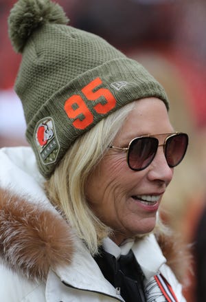 Browns owner Dee Haslam wears a 95 on her hat before the game against the Miami Dolphins on Sunday at FirstEnergy Stadium in Cleveland. Suspended player Myles Garrett is No. 95. [Phil Masturzo/ Beacon Journal]