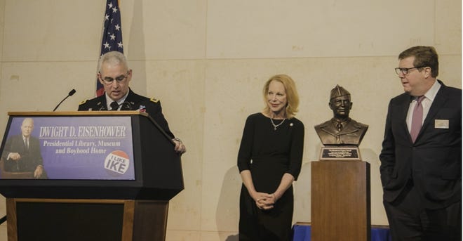 Col. Kevin Lambert, Chief of Staff, 1st Infantry Division and Fort Riley, accepts the 2019 Eisenhower Legacy Award from Mary Jean Eisenhower, granddaughter of General Dwight Eisenhower, and Jim Hagerty, Vice Chair, Eisenhower Foundation.