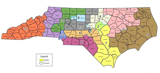 Redistricting could bring big changes to U.S. House districts in North Carolina, including in Gaston and Cleveland counties, which would become part of the 5th U.S. House District. [Map provided by N.C. House]