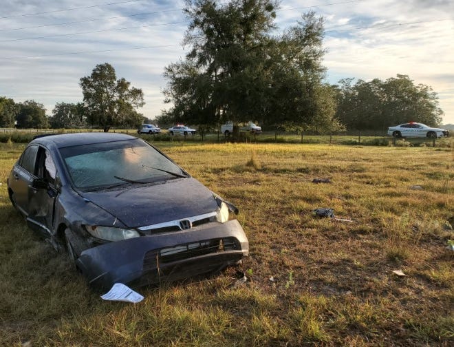 The 2008 Honda 4-door driven by Saavendra Hernandez was discovered hours after it had crashed in a pasture near Alturas, according to Polk County Sheriff’s Office reports. [Photo provided, PCSO]