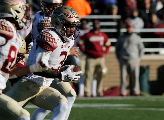 Florida State running back Cam Akers carries the ball in the second half of an NCAA college football game against Boston College, Sunday, Nov. 10, 2019, in Boston. (AP Photo/Bill Sikes)