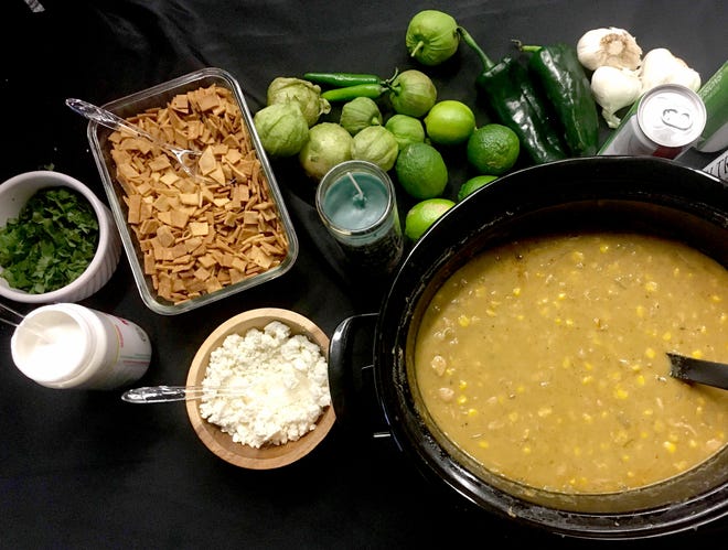 You can make this green chile stew with turkey or chicken, just don’t forget the garnishes: cotija cheese, Mexican crema, cilantro, a squeeze of lime juice and crispy tortilla strips. [Addie Broyles/American-Statesman]