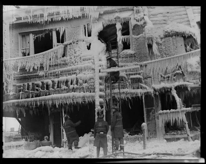 Water froze on the Globe Furniture building after a fire in 1958. Learn more from Digital Commonwealth at www.digitalcommonwealth.org.