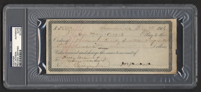 Marking the 100th anniversary of the infamous 1919 Black Sox scandal, the collection is headlined by a "Shoeless" Joe Jackson-signed voucher. Jackson was illiterate and rarely signed anything, making his autographs among the scarcest in sports. [Photo courtesy of Lelands]