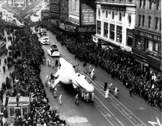 The Macy's Thanksgiving Day Parade makes its way down Broadway in New York City on Nov. 30, 1933. [THE ASSOCIATED PRESS]