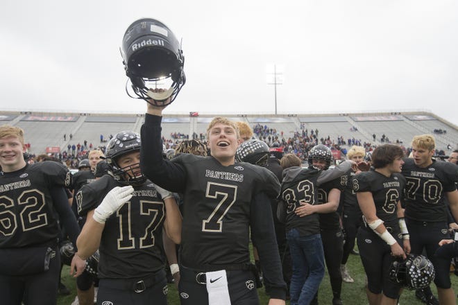 Lena-Winslow’s Luke Benson celebrates the Panther’s 58-20 win over Central A&M in the Class 1A state championships on Friday at Northern Illinois University in DeKalb. [SCOTT P. YATES/RRSTAR.COM STAFF]