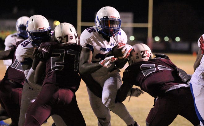 Pahokee senior running back Corey Polk runs in a three-yard touchdown in the second quarter of the Blue Devils’ Class 1A state semifinal at Madison County on Friday, Nov. 29, 2019. Polk had four touchdown runs in the 37-36 loss. [BRIAN MILLER/TALLAHASSEE DEMOCRAT]