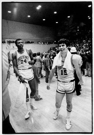 Ernie DiGregorio and Marvin Barnes after a PC win in 1973