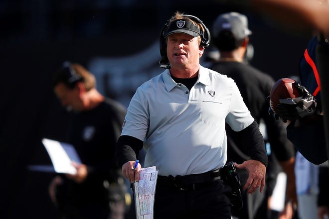 Oakland coach Jon Gruden brings his Raiders to Arrowhead Stadium on Sunday for a key AFC West matchup with the division-leading Kansas City Chiefs. [FILE PHOTO/ASSOCIATED PRESS]