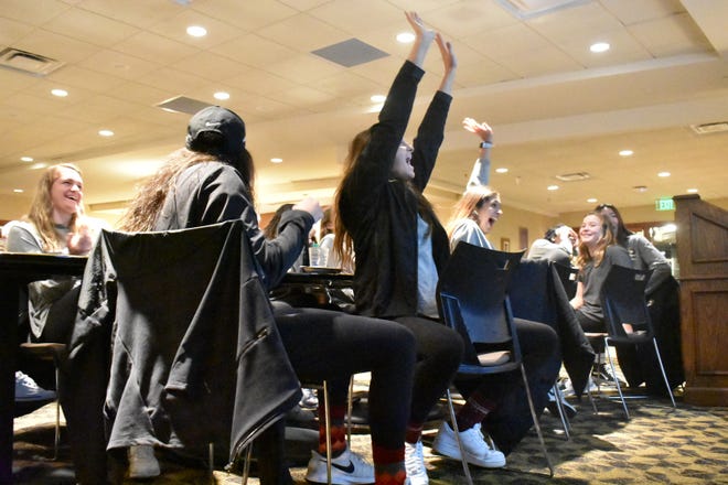Missouri volleyball players react to being selected to the NCAA Tournament on Sunday night at Mizzou Arena. The Tigers face Northern Iowa in the first round on Friday in Lincoln, Neb. [Eric Blum/Tribune]