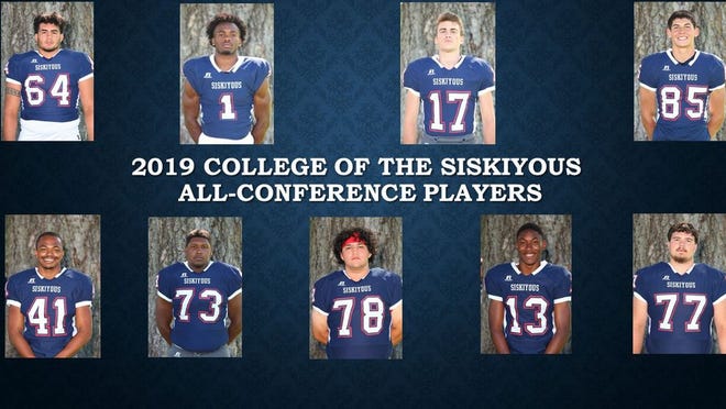 A total of nine College of the Siskiyous football players earned National-Norcal Conference honors. Top row from left to right are: Eyvar Robles. D'Angelo Biggs, and 	Finn Reeves. Bottom row from left to right are: Jonathon Bailey, Dedrick Jackson-Hairston, Shun Talmadge, De'Leand Ford and Angelo Merrigan.
Photos courtesy of the COS Football Program