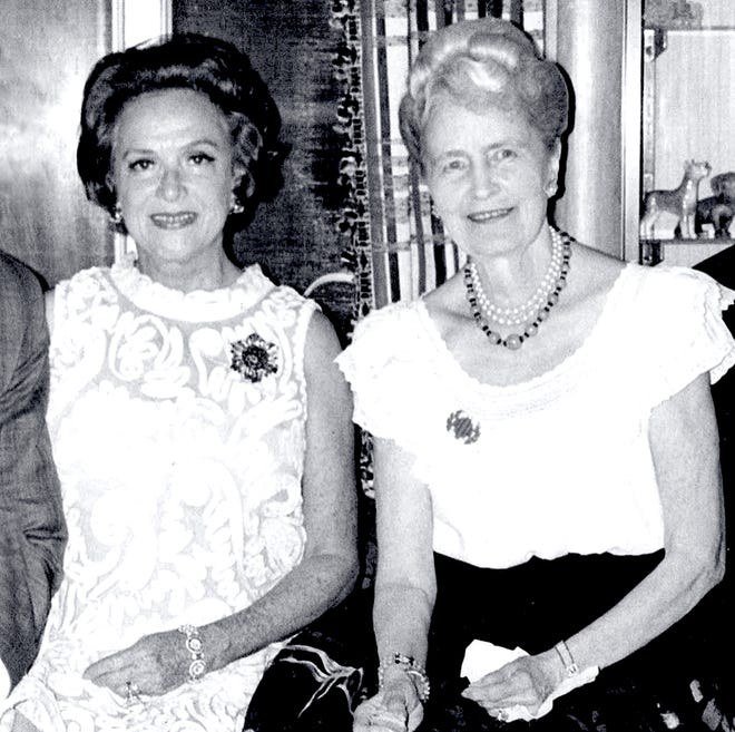 Mary Sanford with Marjorie Merriweather Post. Mrs. Sanford is wearing the sapphire broach that is part of the Magnificent Jewels sale.