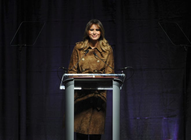 First lady Melania Trump speaks last week at the B'More Youth Summit on Opioid Awareness, where she was booed by some in the crowd for her husband’s previous comments. [BARBARA HADDOCK TAYLOR/THE BALTIMORE SUN]