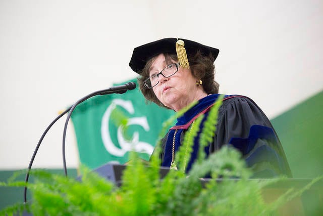 Columbia State President Janet F. Smith addresses graduating students during the day’s second commencement ceremony in the Webster Athletic Center on May 6, 2017. (Staff photo by Mike Christen)