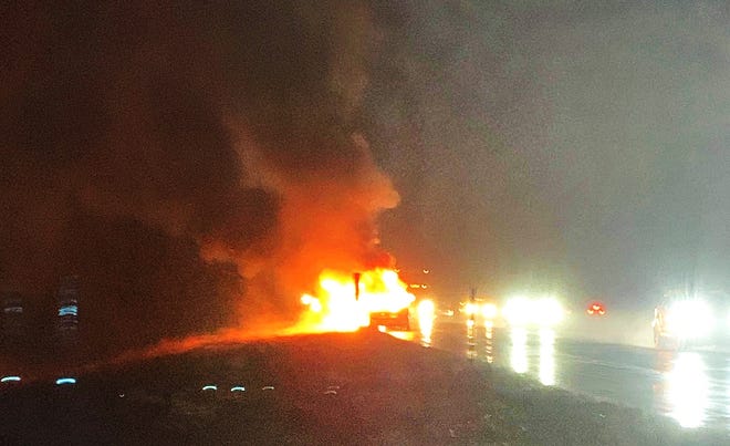 The Gillihan family's truck burst into flames after being struck by lightning Friday night on their way back from visiting a sick family member. [Submitted]