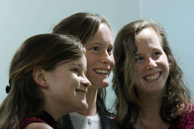 Victoria, Catherine, and Elizabeth Schultz were born extremely premature at Women & Infants Hospital in the spring of 2001. The North Kingstown High School seniors are doing their senior project on premature births. [The Providence Journal / Bob Breidenbach]