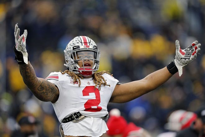 Ohio State defensive end Chase Young gets pumped up before the game against Michigan on Saturday in Ann Arbor. [Kyle Robertson]