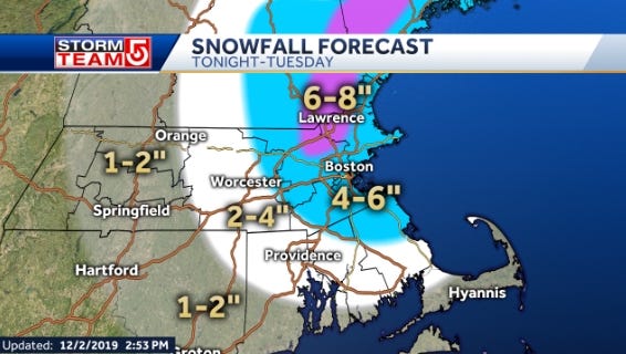 Two to four inches of snow are forecast for the Fall River area Monday night into Tuesday. [WCVB]
