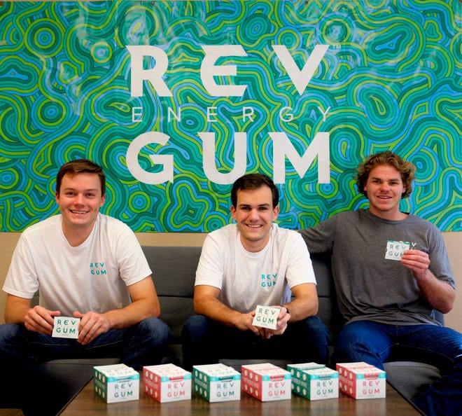 The three-person Rev Gum team has gotten products into 250 retail outlets including Buc-ee’s stores. From left are Reed Burch (operations and finance), Blake Settle (CEO and founder), and Stormey Barton (operations and marketing). [Contributed]