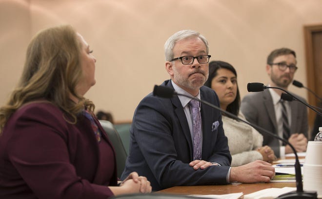 From left, Jen Scully of Microsoft, Ron Barnes of Google, Ana Martinez of Facebook and David Edmonson of TechNet appear Wednesday before a Texas Senate panel studying mass violence. [RICARDO B. BRAZZIELL/AMERICAN-STATESMAN]